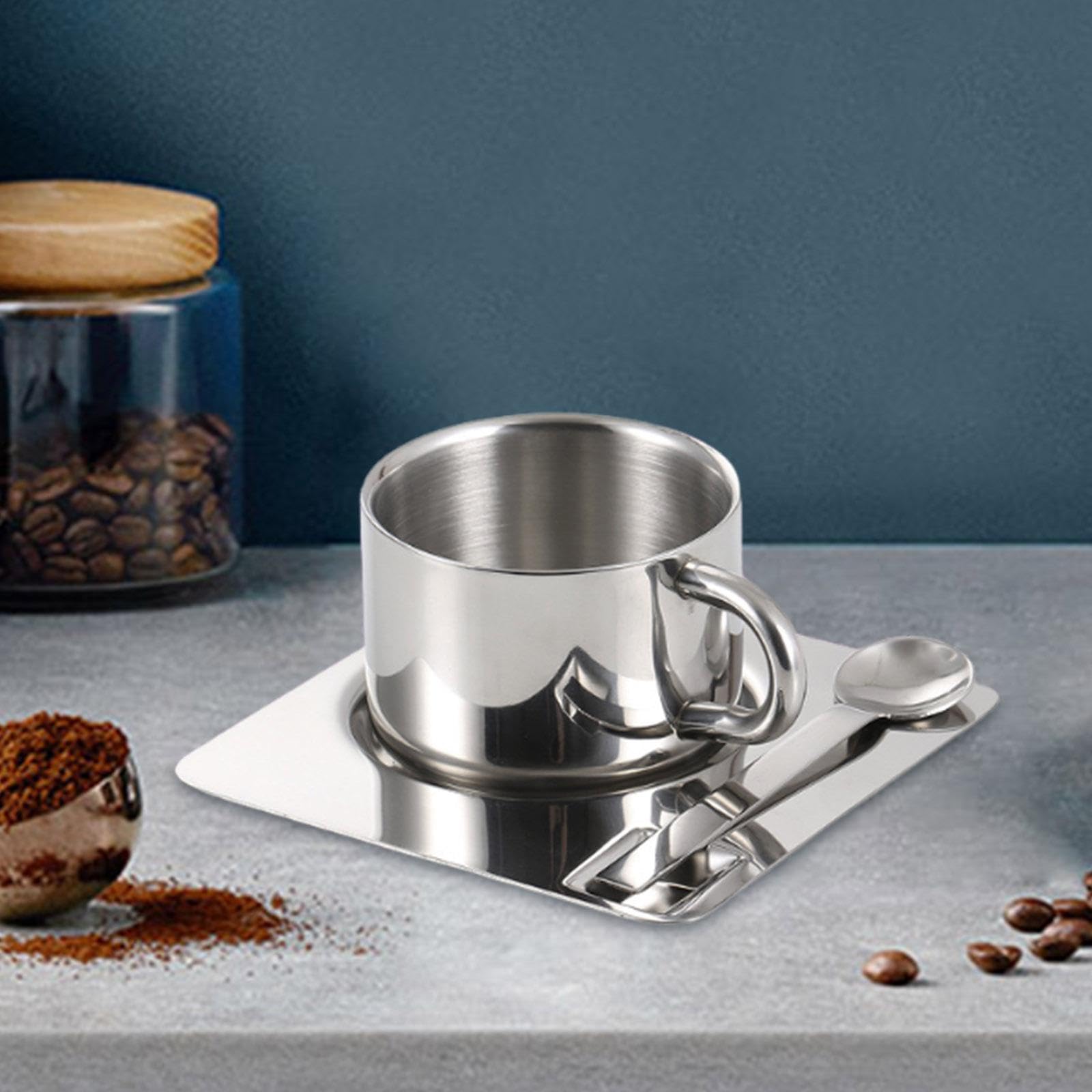 MagiDeal Taza de Café Juego con Plato y Tazas de Leche de Cuchara de Acero Inoxidable Taza de Té Portátil de Metal Portátil para Restaurante, Casa de Cocina