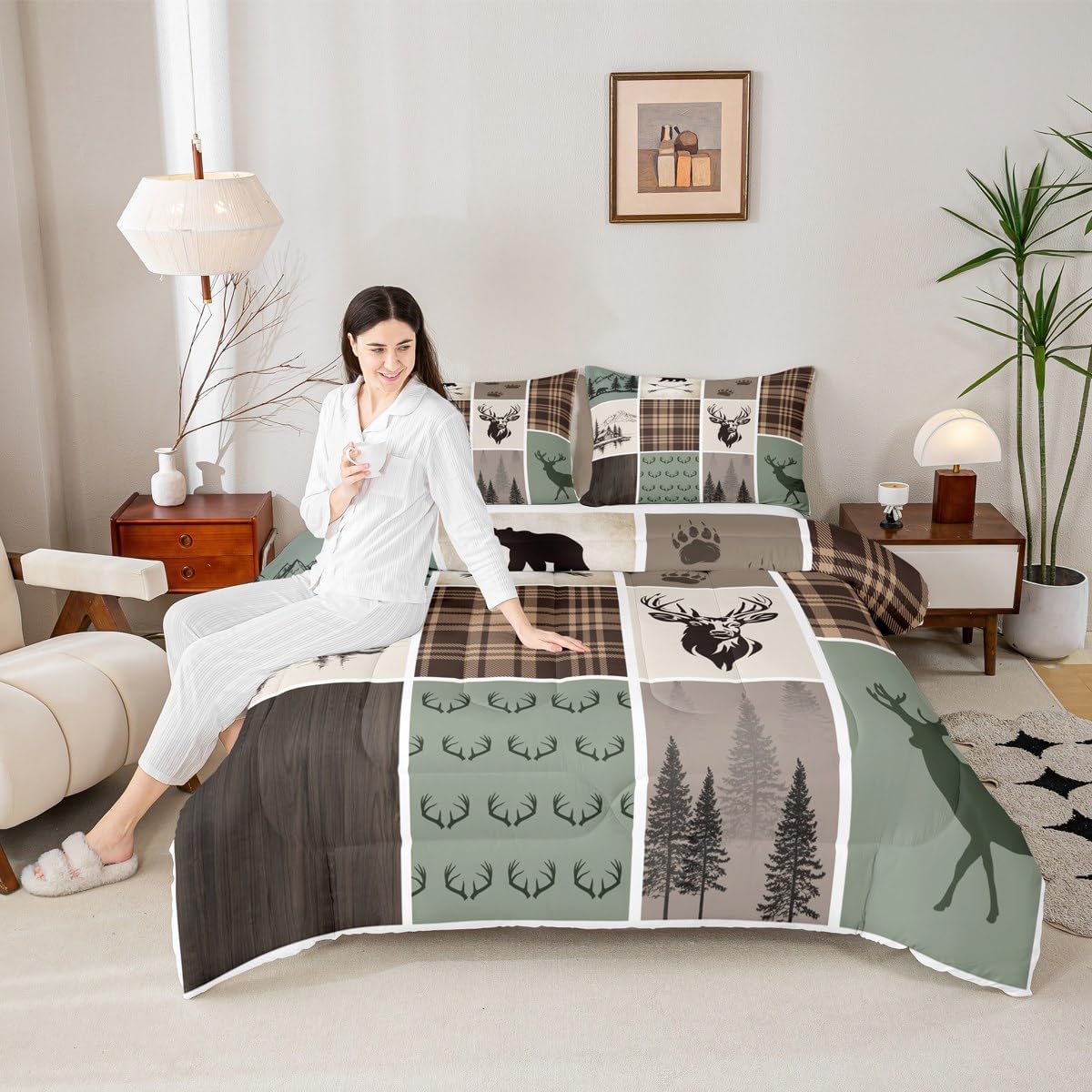 Feelyou Rustic Cabin Deer Bedding Set Queen Size Kids Hunting Country Farmhouse Comforter Cover for Boys Girls Teens Wild Animal Duvet Cover Green Quilt Set Breathable Soft Lightweight Microfiber