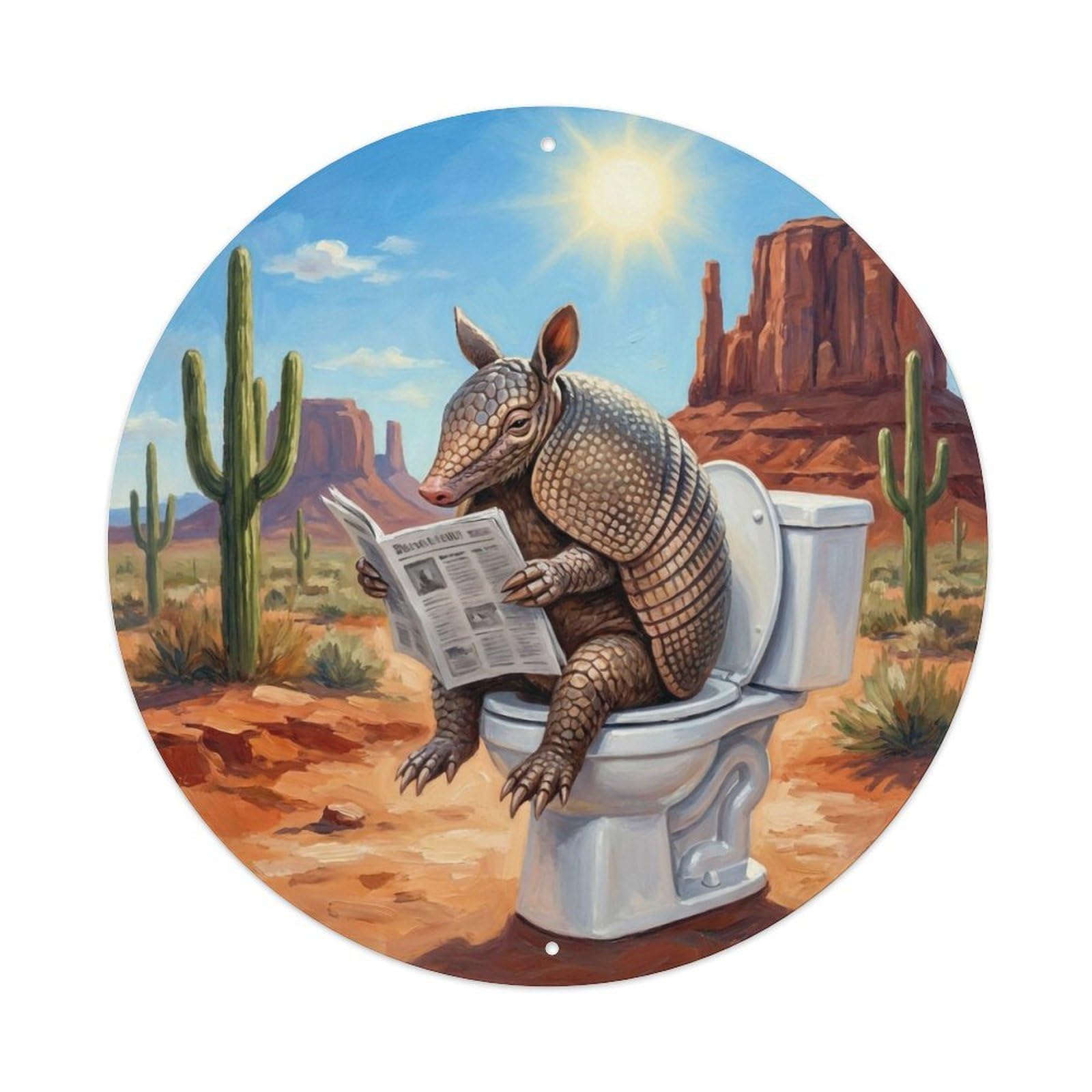 Armadillo On Toilet Humorous Bathroom Desert Cactus Noon Metal Tin Sign