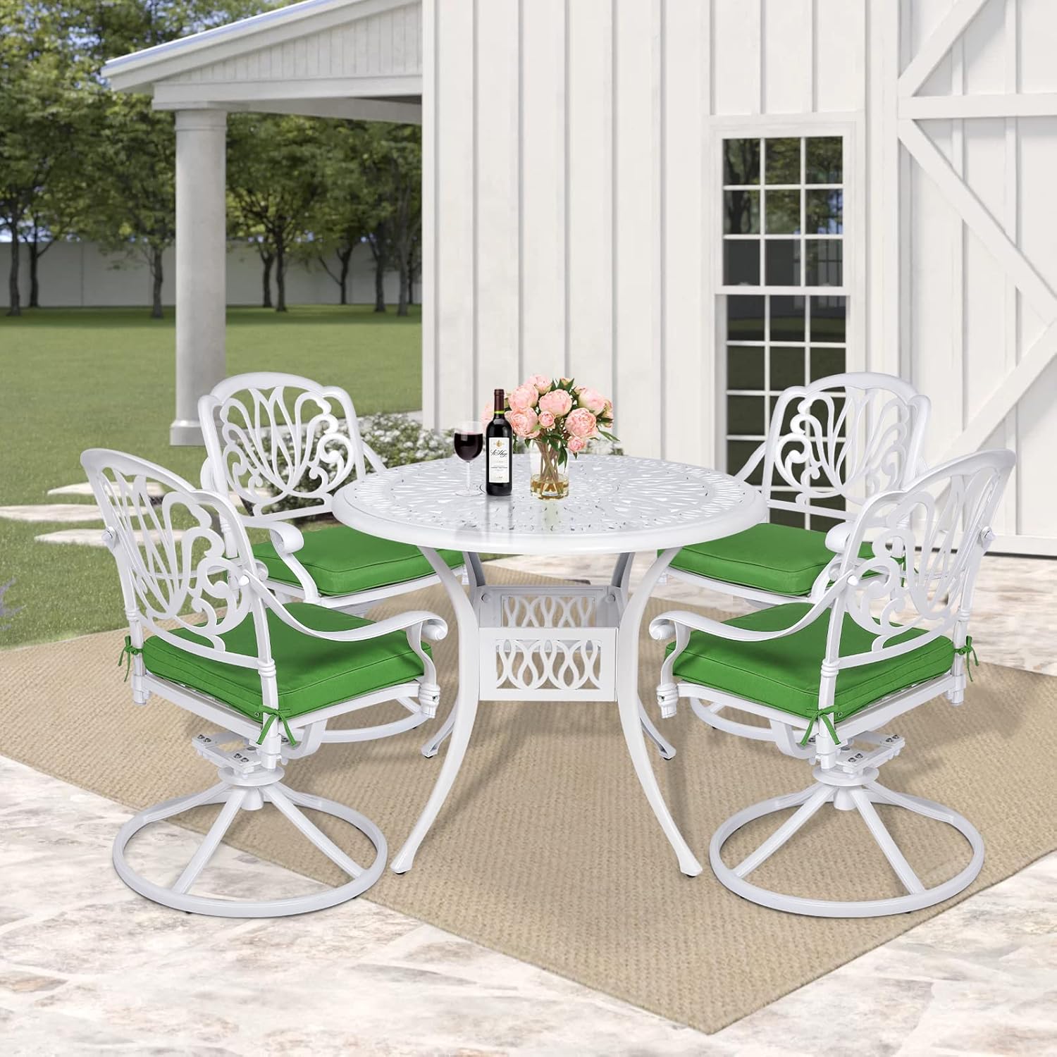 5 Piece Patio Dining Set, Outdoor Table and Chairs Set for 4 Cushioned Swivel Rocking Chairs and 35.4'' Round Table, All-Weather Cast Aluminum Patio Funiture Set, 2'' Umbrella Hole, White