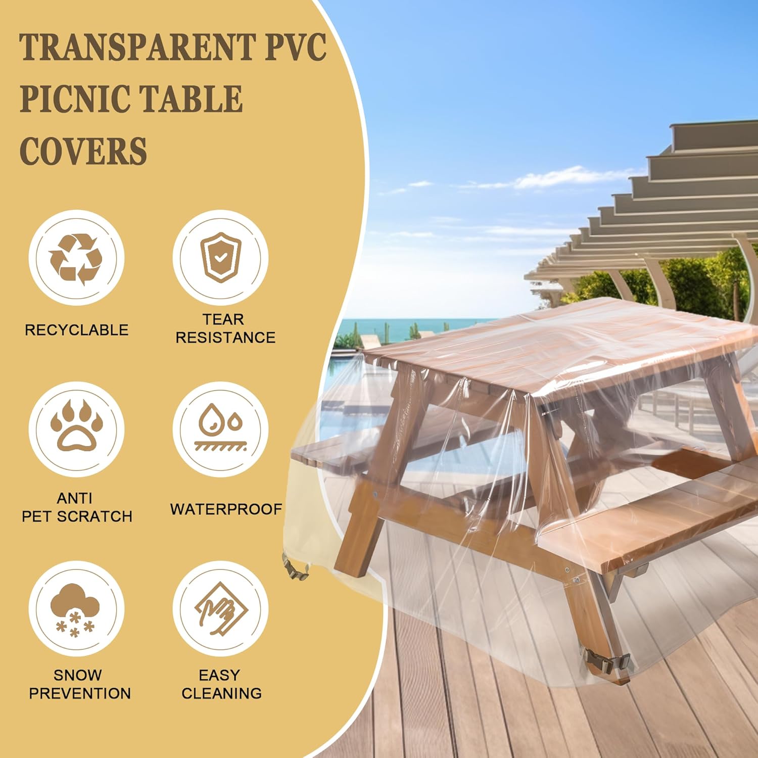 Waterproof Picnic Table Covers for Outdoors,Crystal-clear PVC Outdoors Furniture Covers for 6 ft Picnic Table Bench Set,All-Weather Protection Against Rain and Snow,70/72 Inch