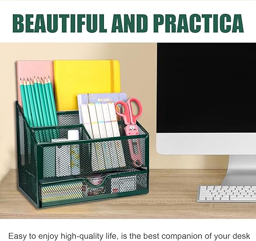 Miniatura 7 de Organizador de escritorio, accesorios de oficina, organizador de escritorio de malla multifuncional mejorado con 4 compartimentos y 1 cajón para el