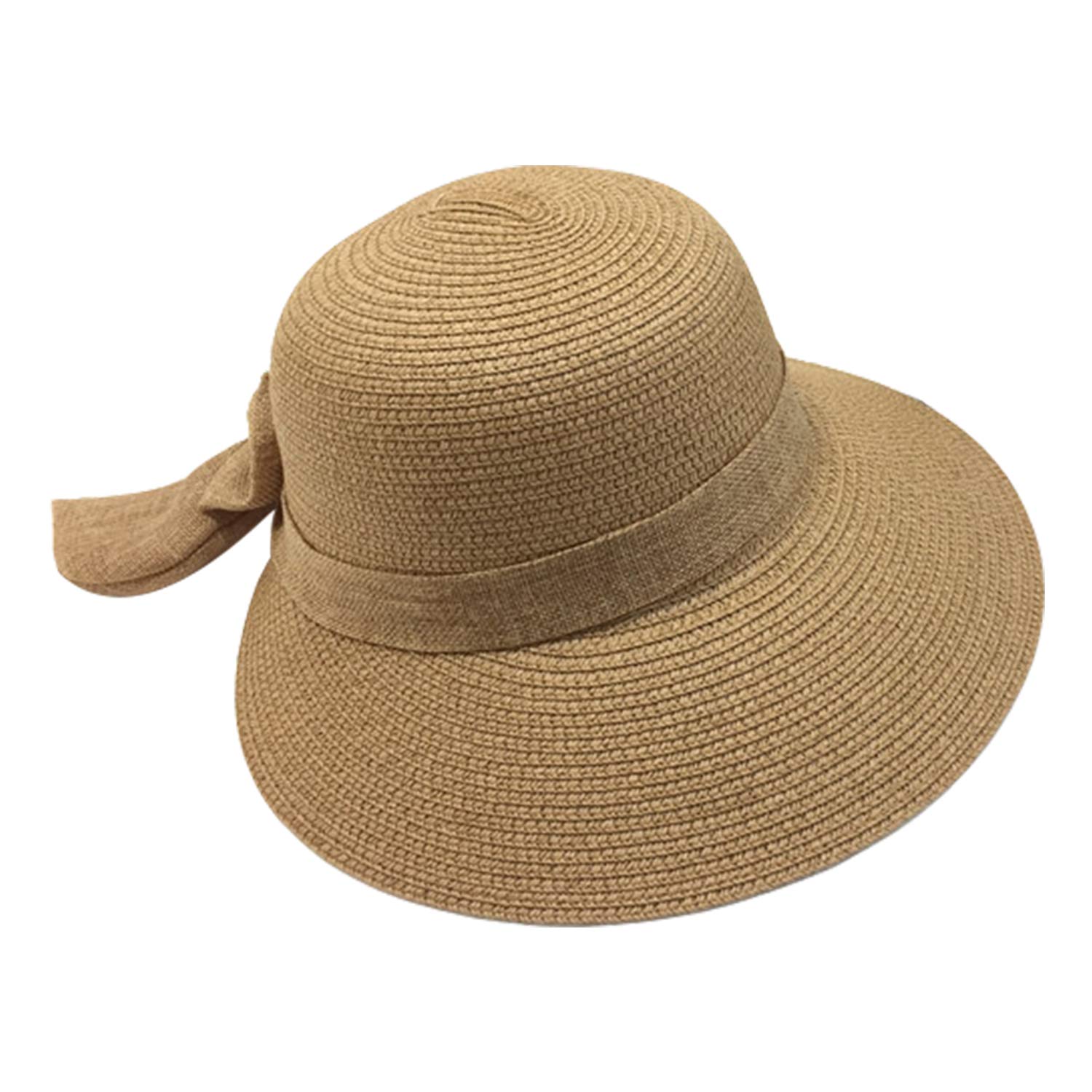 Startreene Women's Khaki Beach Sun Hat Bowknot Plain Wide Brim Upf50 Straw Cap For Travel Camping (Khaki)