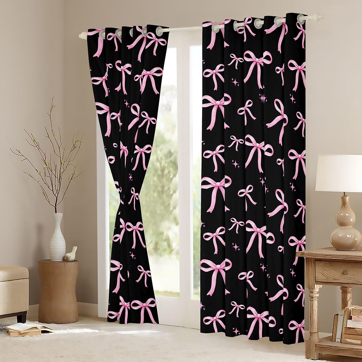 Homwish - Tende per finestre con fiocco rosa e nero, 168 x 228 cm, 2 pannelli, per graziose tende oscuranti con fiocco da ragazza, tende oscuranti per finestre a tema coquette sognante con stelle dei