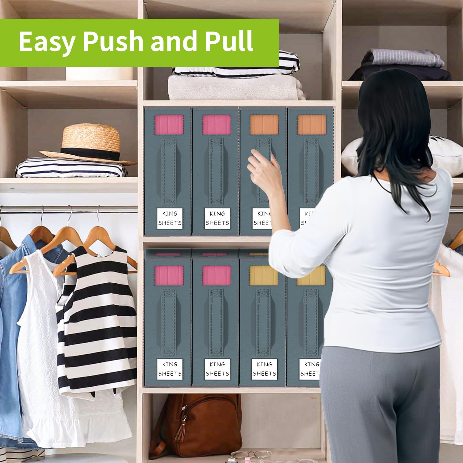 Bettlakenorganizer und Aufbewahrung – 4 Stück (Queen-Size- oder King-Size), faltbare Aufbewahrungsbox für Bettbezug-Set, Leinen-Schrank-Organizer für Bettwäsche, Kleidung, Decken, grau