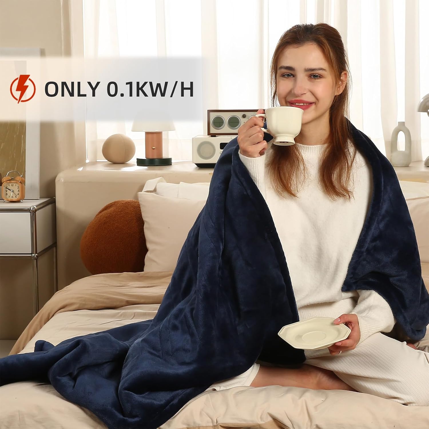 ESTINGO Heated Blanket Twin Size, Fast Heating Blanket with 5 Heating Levels & 10 Hours Auto Off, Soft Cozy Sherpa Electric Throw Blanket for Home Bedding, Machine Washable, 62"x84", Navy Blue - Image 5