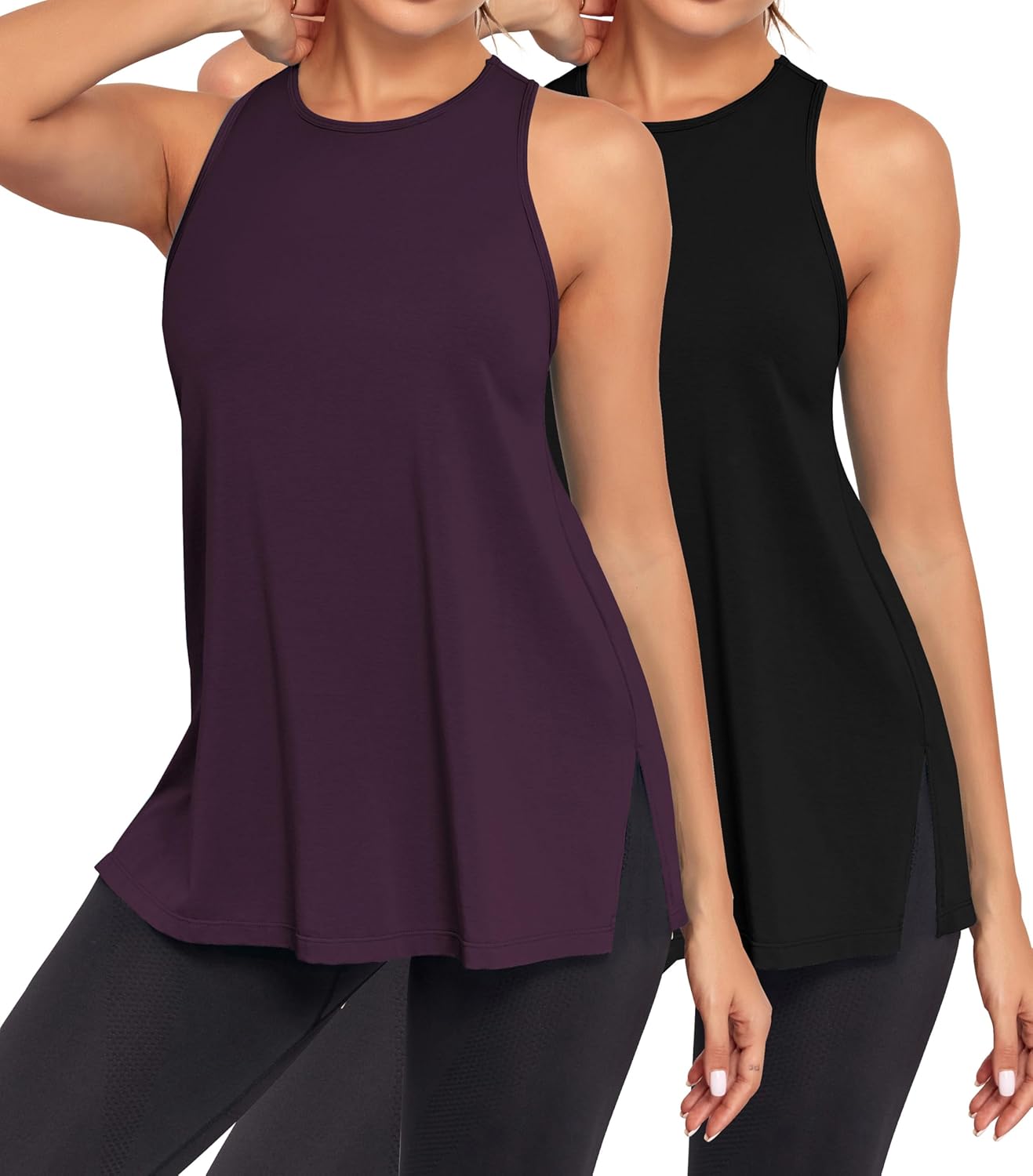 Pima Cotton Racerback Yoga Tops Woman Side Split Athletic Workout Tank Tops Loose Fit Moisture Wicking 2 Pack