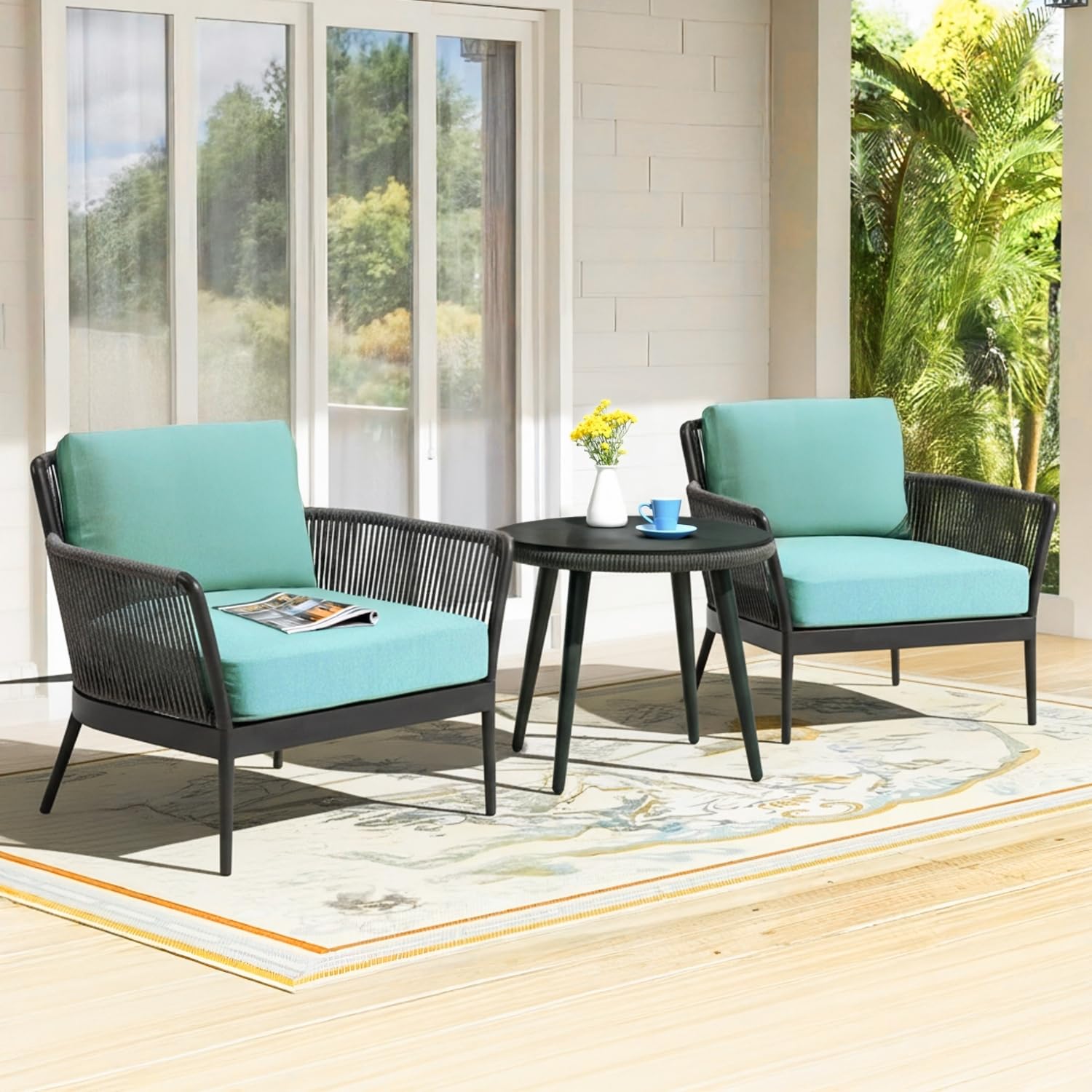 DEVOKO Outdoor Living with Our 3 Piece Patio Set, Grey Rope Bistro Furniture with Sky Blue Cushions, Ideal for Balcony, Backyard Or Porch Provides Durability & Style