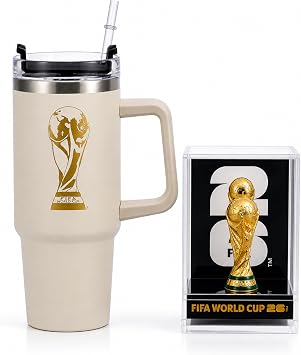 Official FIFA World Cup 2026 Edition - 3 Inch 3D Trophy Inside Acrylic Case + White 30oz Insulated Double Tumbler W/Handle & Straw