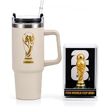Official FIFA World Cup 2026 Edition - 3 Inch 3D Trophy Inside Acrylic Case + White 30oz Insulated Double Tumbler W/Handle & Straw