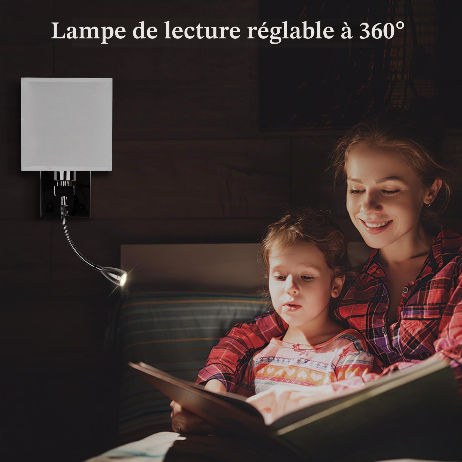 ALLOMN Applique de Chevet, Applique de Lecture à LED Applique Murale Moderne en Chrome Poli avec Projecteur Ajustable à col de Cygne, Interrupteurs Doubles, Avec Port USB pour Charger E27 (USB 1 PCS)