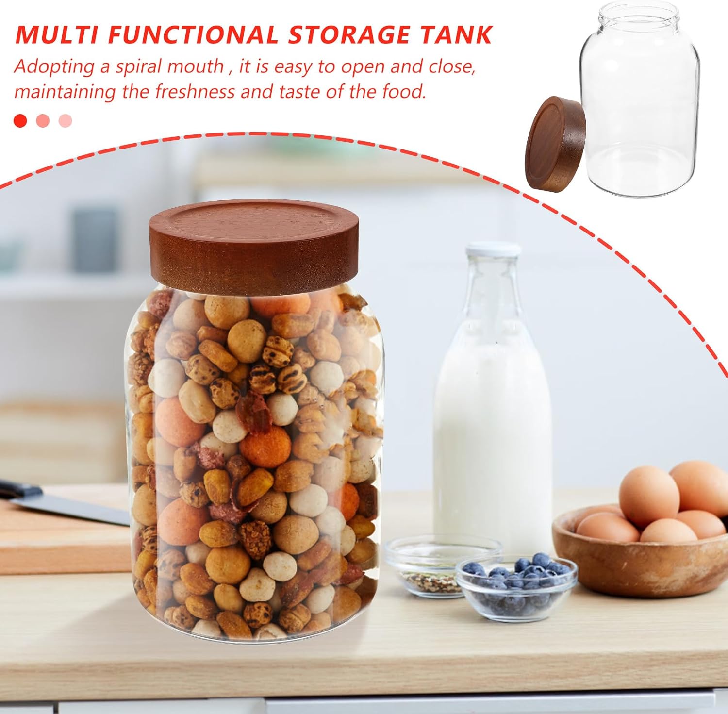 TIDTALEO Large Capacity 2800ml Borosilicate Glass Canister with Airtight Screw Lid, Acacia Wood Cover Grain Storage Jar for Kitchen Pantry, Food Sealed Storage Container for Beans