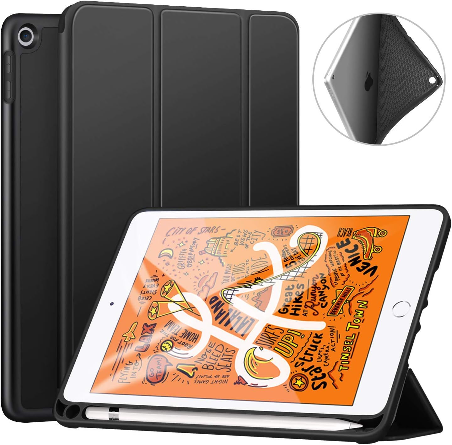 Oaky Case for iPad mini 5th Gen 2019 with Pencil Holder and Trifold Stand Cover with Auto Sleep/Wake for iPad mini 5 7.9" 2019 Case Cover [Model - A2133 A2124 A2125 A2126] - Black