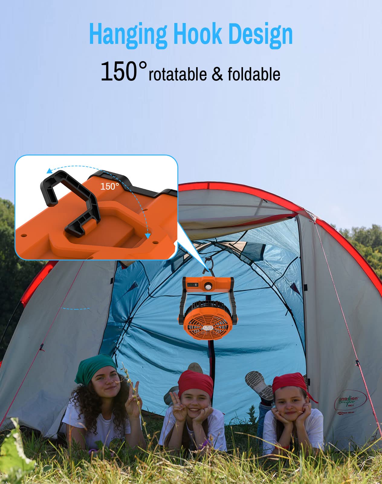 ErayLife Ventilatore da Campeggio Ricaricabile Con Batteria da 8400 mAh, Luce LED Portatile, Ventilatore USB, Rotazione di 270°, Veloce, Adatto per Tenda, Viaggi, Lavoro, Pesca, Uragano, Outdoor