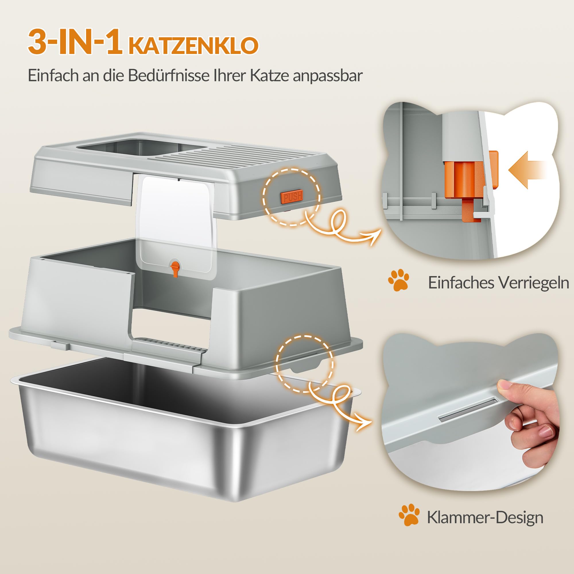 Edelstahl Katzenklo, XXL Geschlossene Katzentoilette, Hellgrau | Katzentoilette mit Deckel, Inklusive Trittstufe und Schaufel, Leicht zu Reinigen, Zwei Eingänge, Herausnehmbar FPLB204SG1