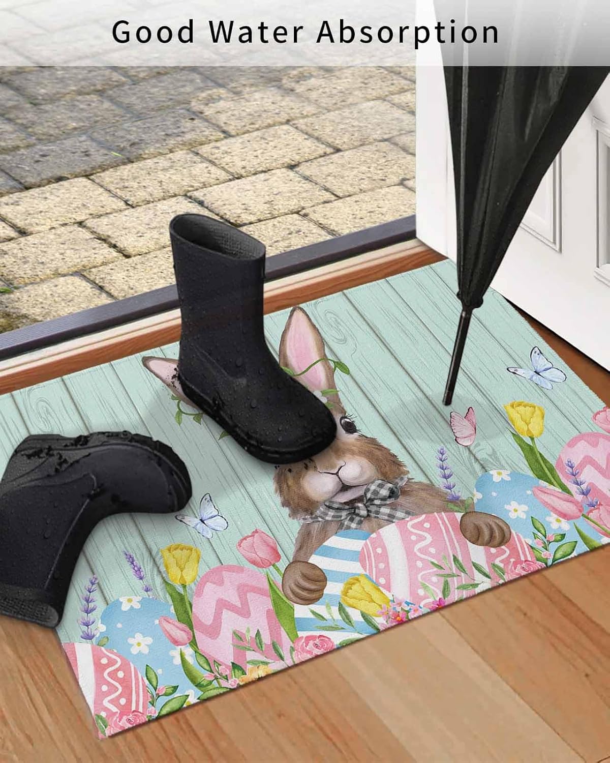 Easter Bunny Front Door Mat, Easter Rabbit Spring Farm Flowers in Teal Wood Board Doormat, Non Slip Absorbent Door Entry Mats, Doormats Entrance Small Rugs - Floor Mats for Home 24x36 Inch