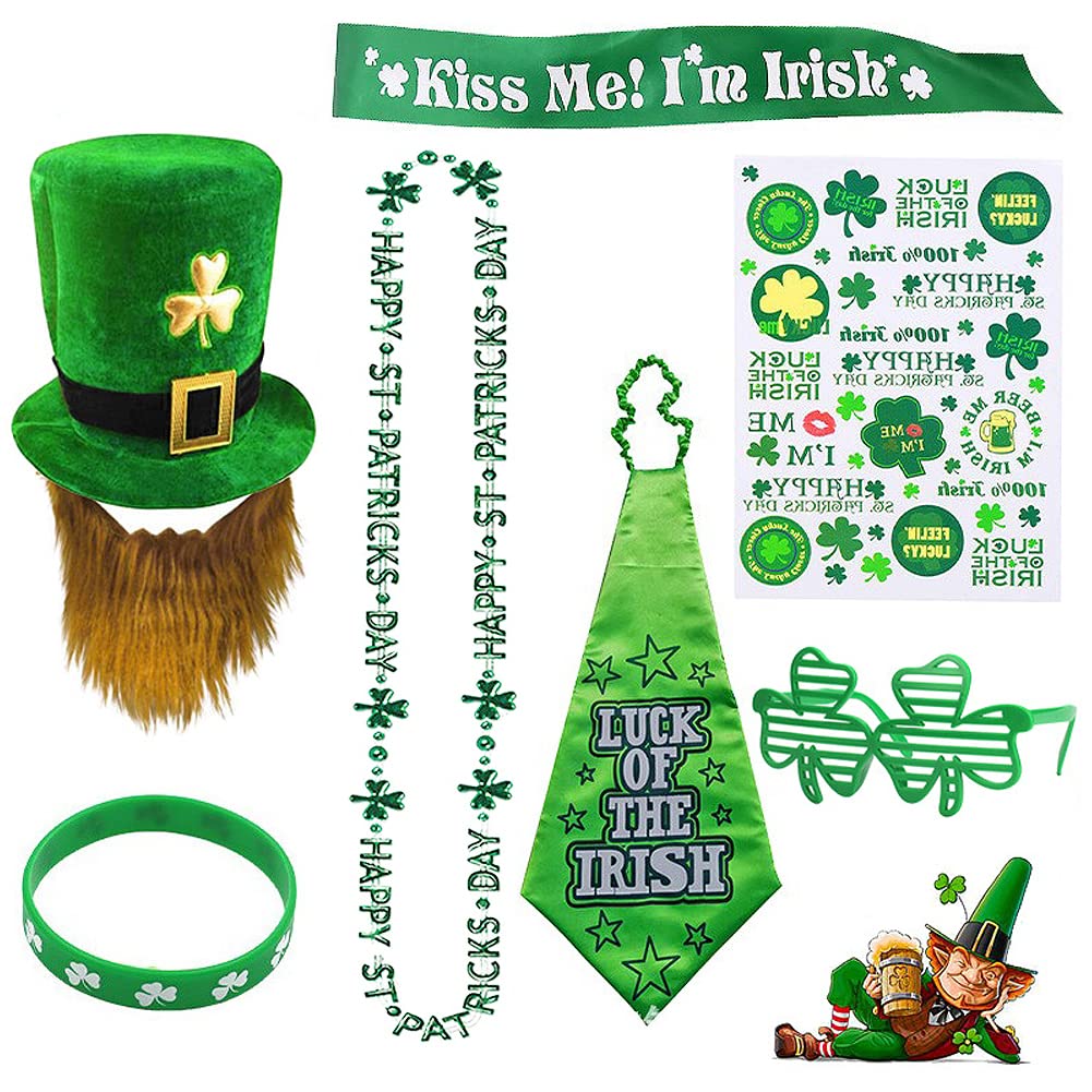 7 Pcs St Patrick's Day Costume Set, Shamrock Top Hat with Beard, Bead Necklace, Neck Tie, Lucky Wristband, Clover Glasses, Kiss Me Im Irish Sash, Sticker for Leprechaun Costume Party Supplies Decor