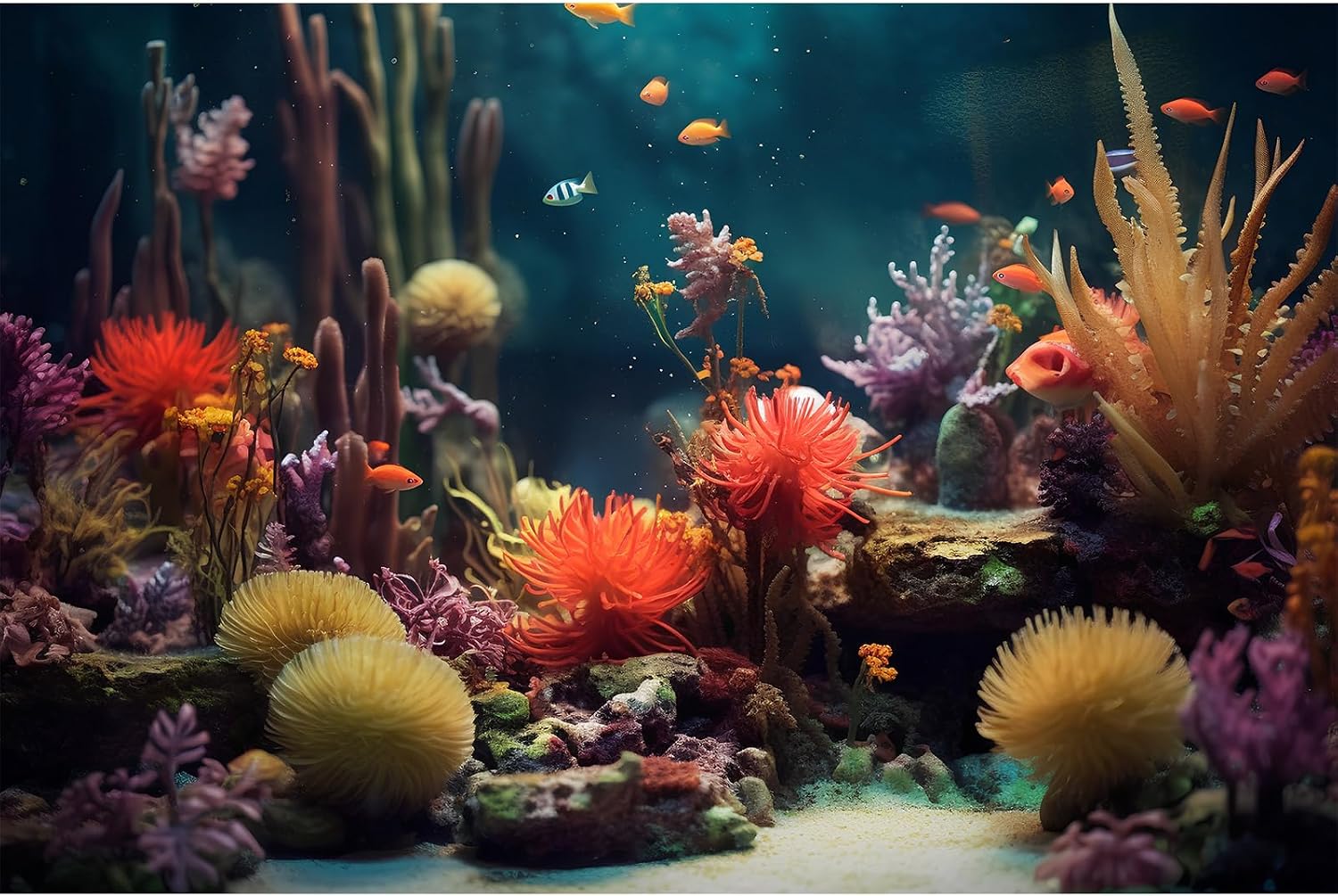 Aquarium Background 24x16in Beautiful Colorful Coral Reef Aquatic Plants Terrarium Rock Tropical Fish Jungle Style Fish Tank Backdrop Vinyl Fabric Red Orange