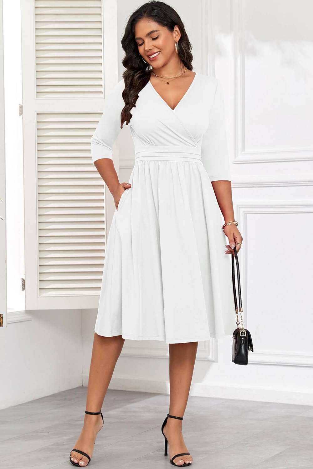 Nmoder Casual Wrap Dresses for Women A-Line Flared Church Midi Dress V Neck 3/4 Sleeve with Pockets - Image 3