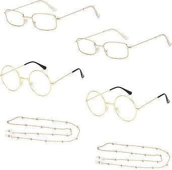 Degpum Old Man Glasses Costume Set Granny Dress up Eyeglasses 2 Round Eyeglasses 2 Square Glasses 2 Beaded Chain for Men Women