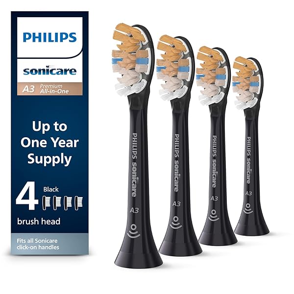 Philips Sonicare A3 All-in-One - Genuine Replacement Electric Toothbrush Heads, Black, 4 Pack One Year Supply, HX9094/95