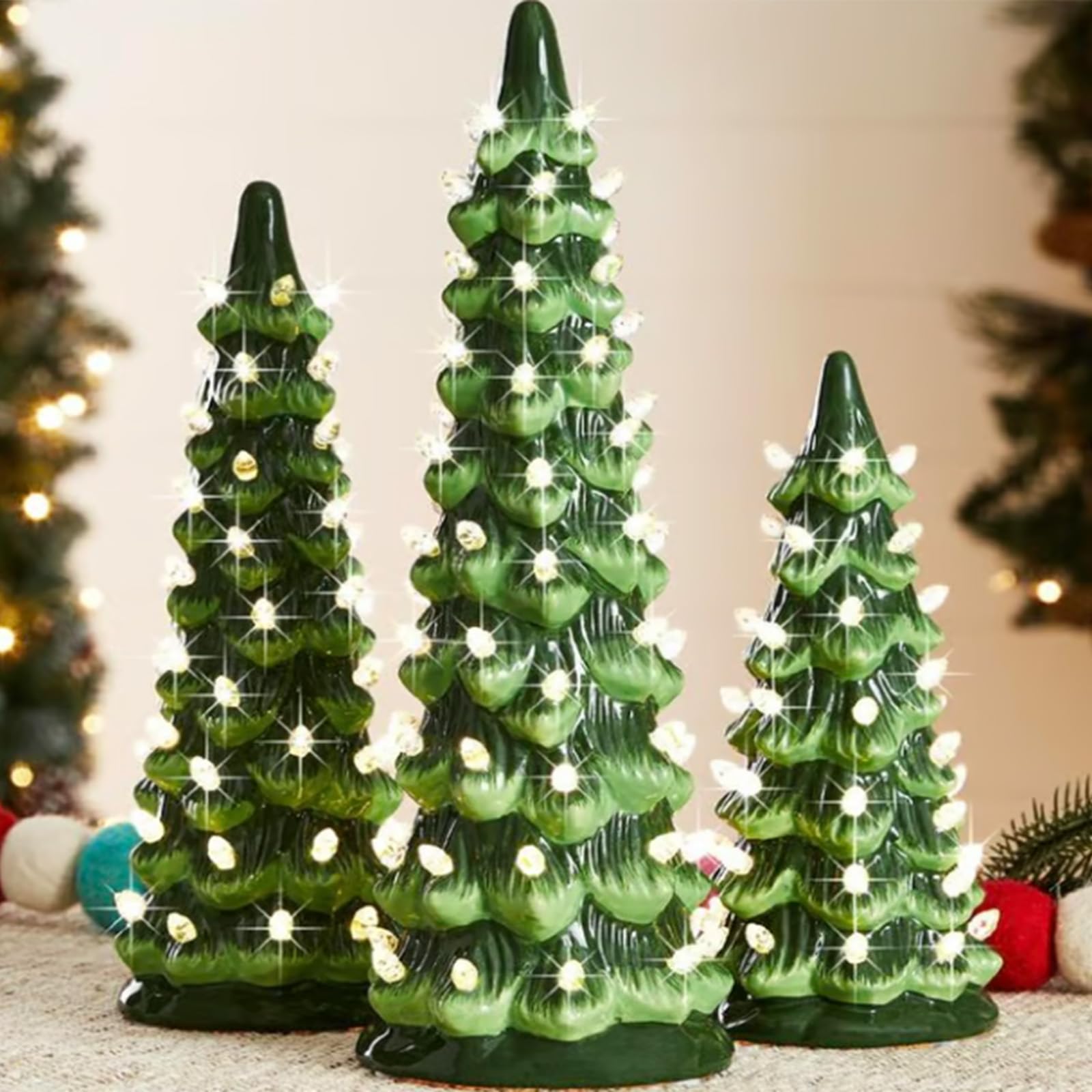 3 árboles de Navidad de cerámica de mesa, retro pintados a mano con temporizador, decoración navideña preiluminada, bombillas LED amarillas, adorno de festival de fiesta en casa