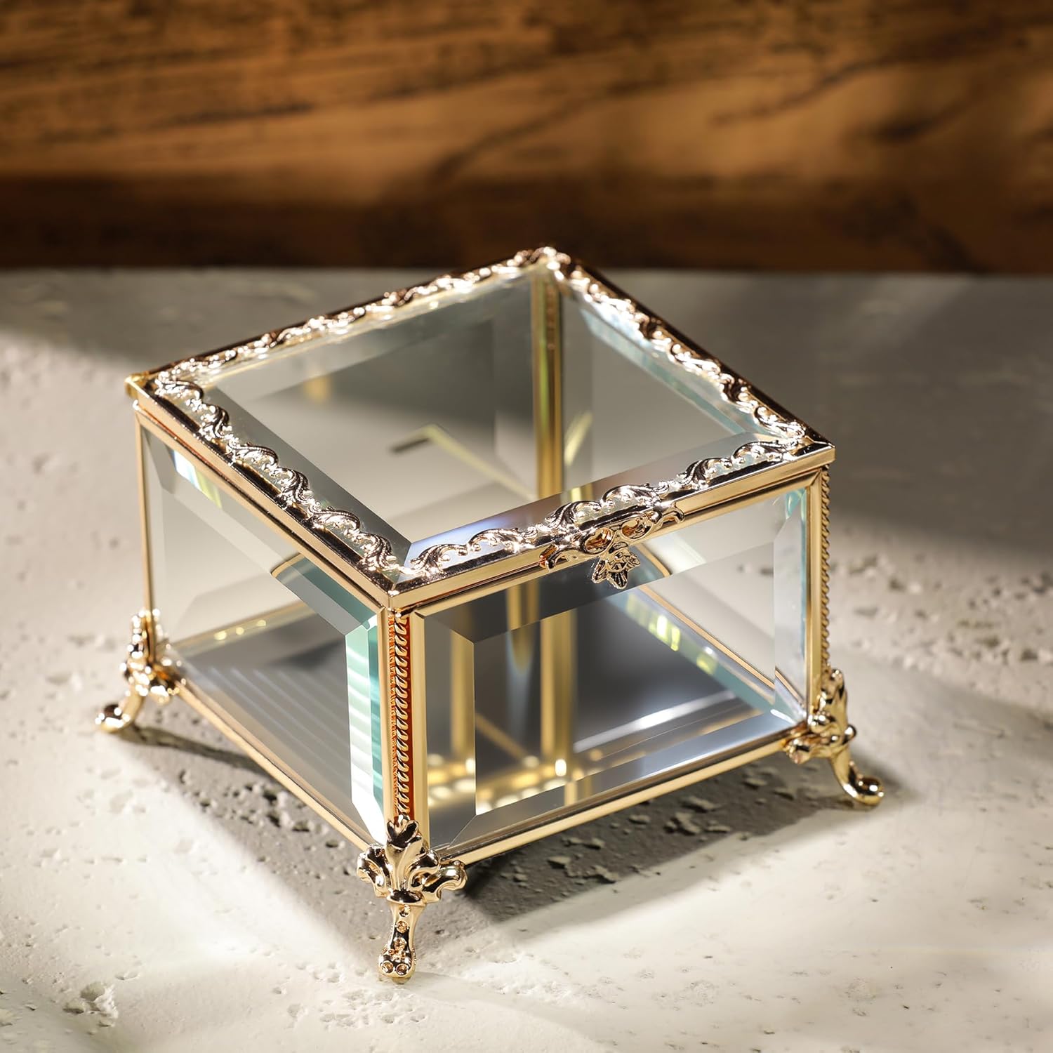 Glass Vintage Jewelry Box Keepsake storage Trinket Ring Display Box Home Decor Beveled Clear Glass Box Organizer(4.6x4.6x3.2Inches)