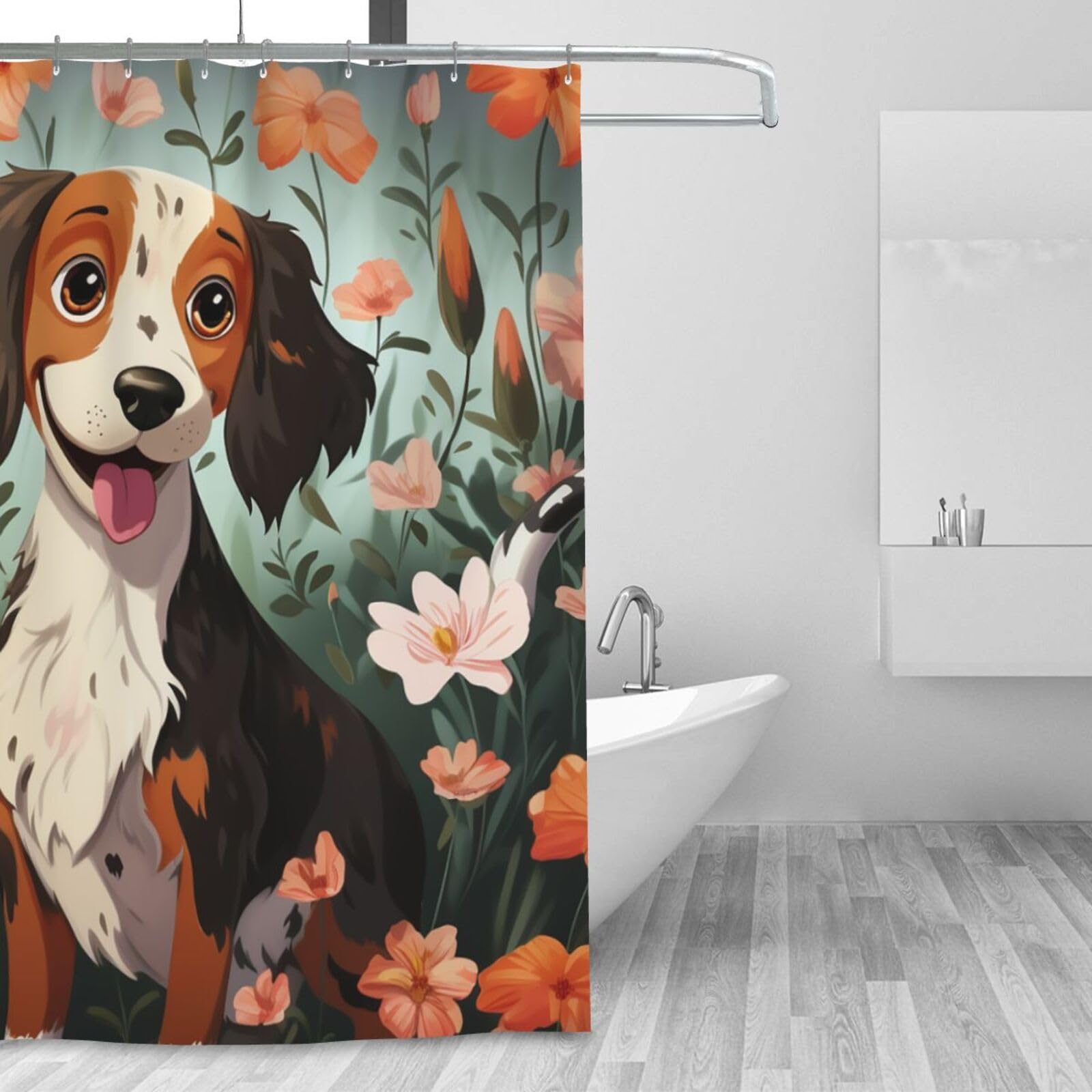 Rideau de douche lavable anti-moisissure avec imprimé chien pour salle de bain