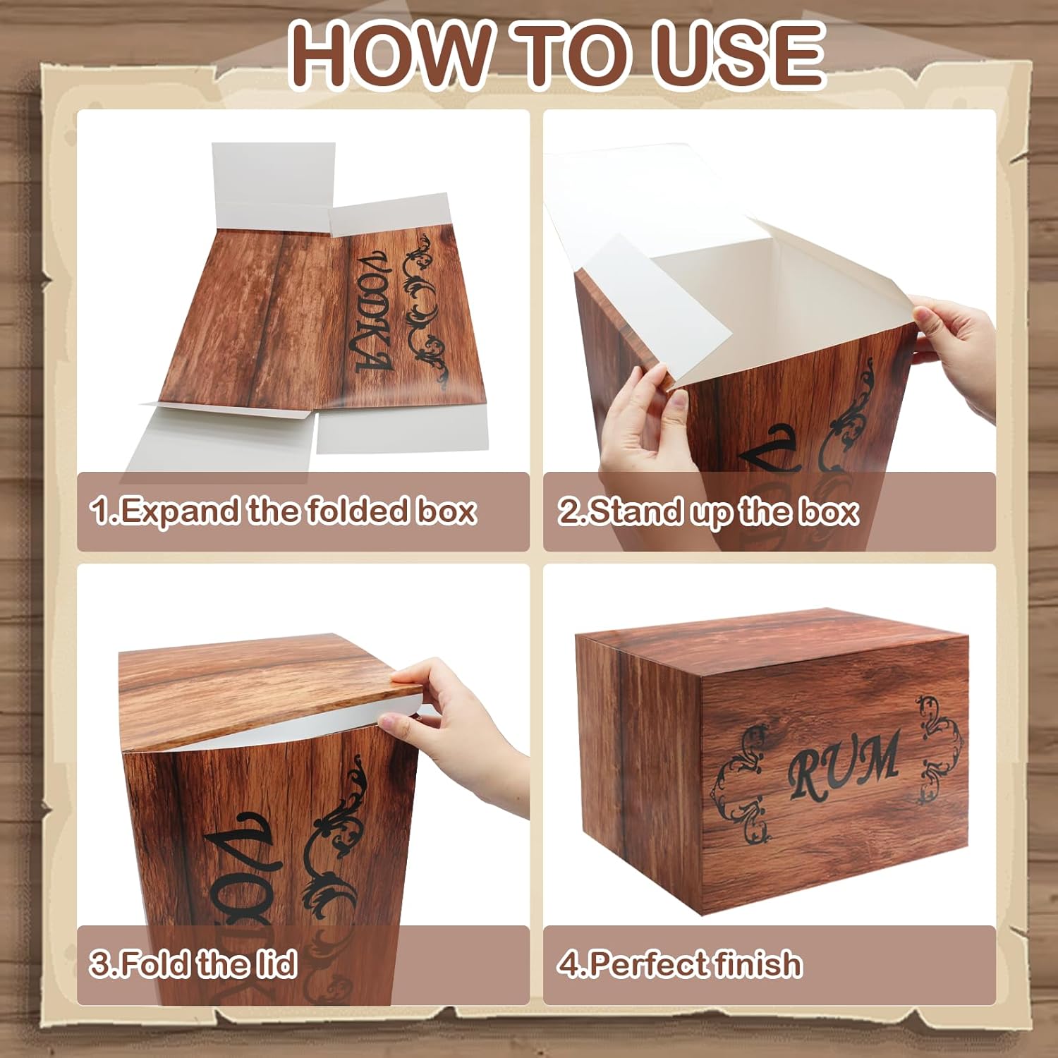 12 Pcs Speakeasy Roaring 20s Party Decorations Including 4 Wood Grain Boxes 4 Whiskey Bottle Cardboards 2 Dollar Sacks 2 Inflatable Props for Retro Jazz Twenties 1920 Party