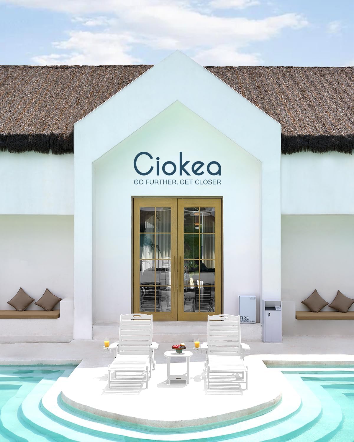 Ciokea Lounge Chair Outdoor, Oversized Chaise Lounge Chair with 5 Positions, HDPE, Patio Lounge Chair with Wheels & Cup Holder for Pool, Deck, Poolside, White