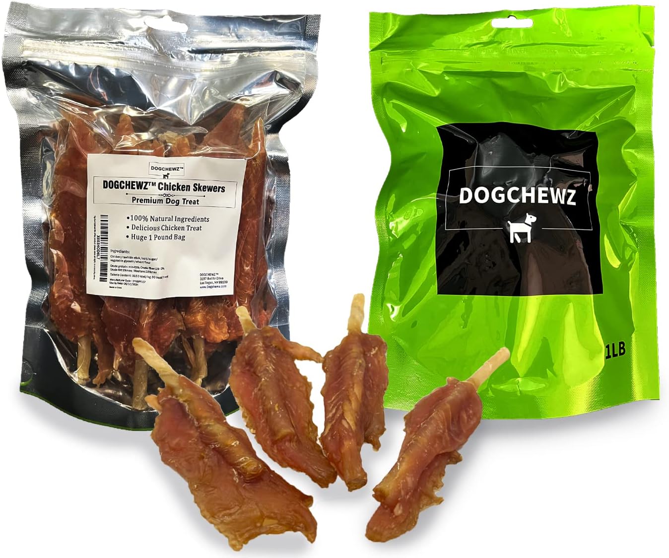 DOGCHEWZ™ Chicken Skewers for Dogs Natural Human Grade Dog Chew - 1 LB Bag (17-20 Pieces) - Single Ingredient - No Artificial Flavors or Preservatives - Whole Dehydrated Chicken