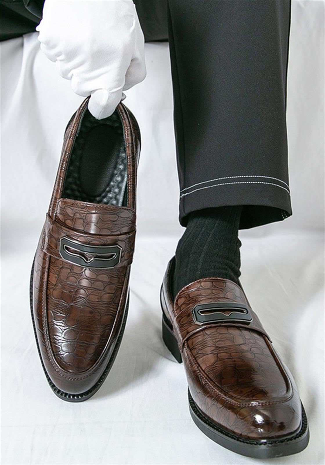 Mocasines Hombre Piel Patrón Cocodrilo, Zapatos de Vestir Casuales con Hebilla de Metal para Oficina Boda Fiesta Trabajo