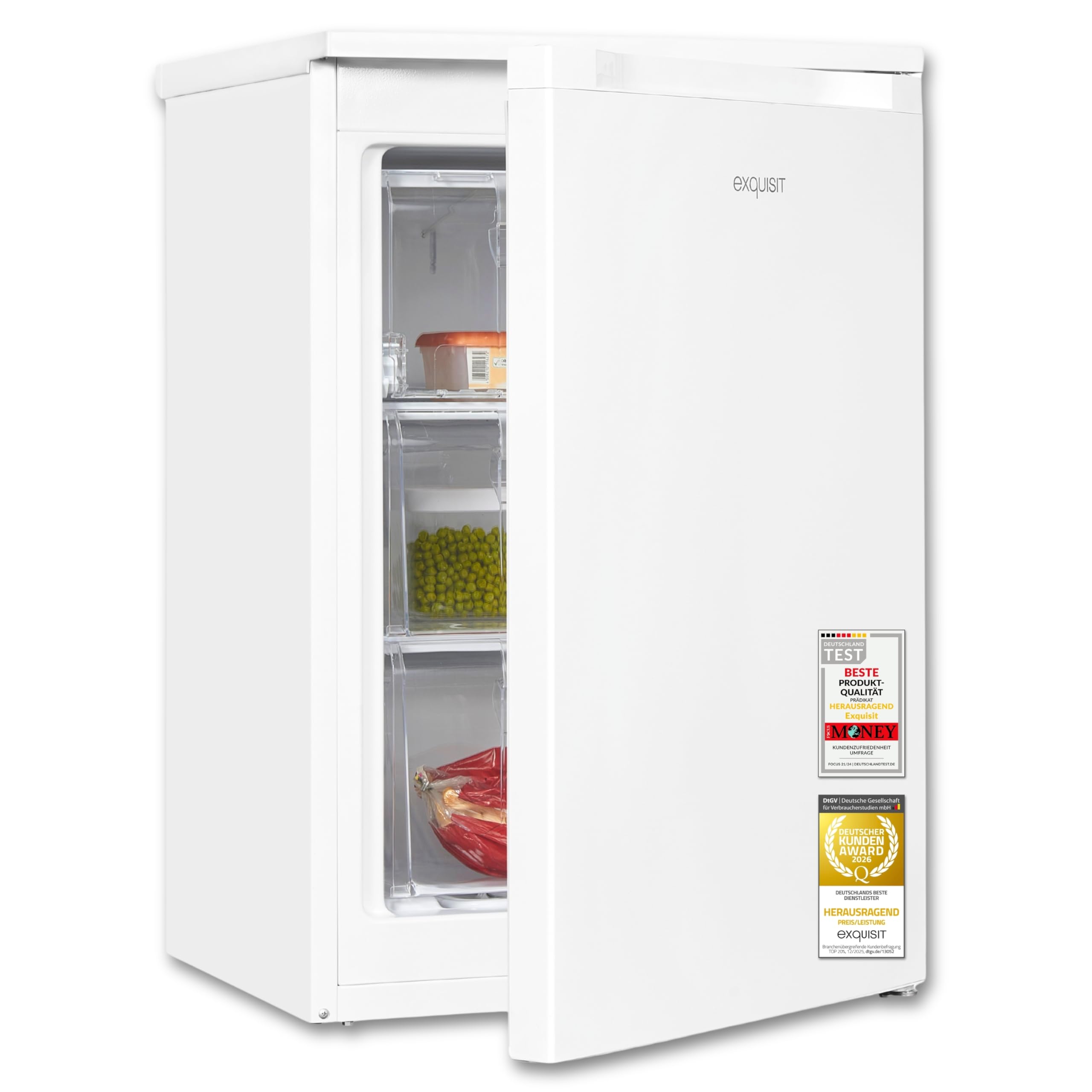 Exquisit GS81-050C Gefrierschrank - 85 l Nutzinhalt, Energieklasse C, Weiß | Freistehender 4-Sterne Gefrierschrank, kompaktes Standgerät mit 3 Schubladen, wechselbarem Türanschlag und 39 dB Lautstärke