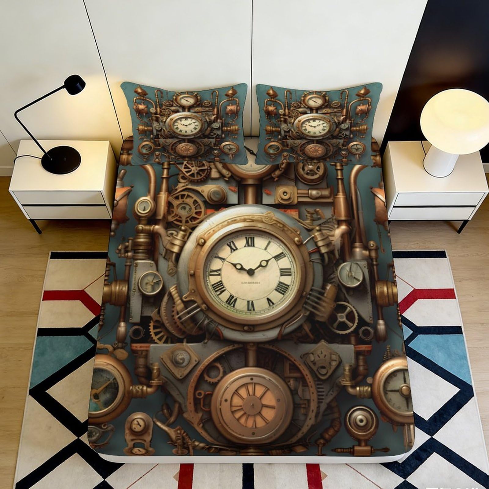 3D Printed Steampunk Clockwork Fitted Sheet Microfiber Brown Bronze Vintage Gear Bed Cover for Bedroom Dorm Mattress Protection Decor 120x200x25cm