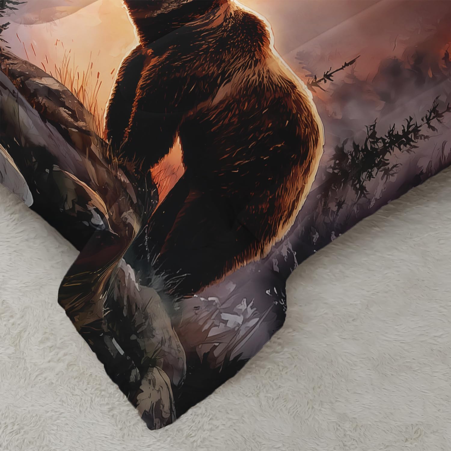 Rustic Brown Bears Theme Comforter 3Pcs Queen Wild Hunting Animal Bear Bedding Set for Kid Teen Boy Girl Adult Natural Forest Pine Tree Sunrise Quilt Bed Decor with 1 Comforter & 2 Pillowcases