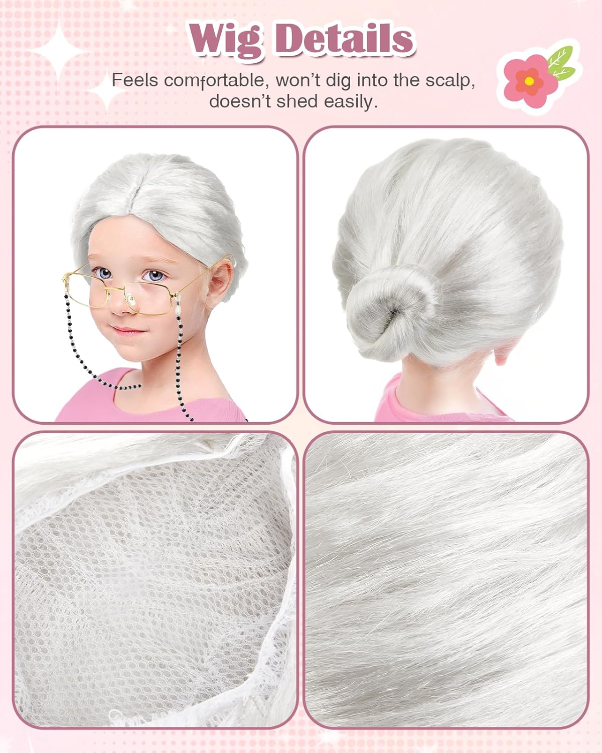 Old Lady Costume for Kids: 100 Days of School Costume for Girls 100th Day of School Granny Dress up Accessories with Wig, Glasses Wrinkle Tattoo Stickers, Cane, Jewelries, Grandma Cosplay Kit - Image 5