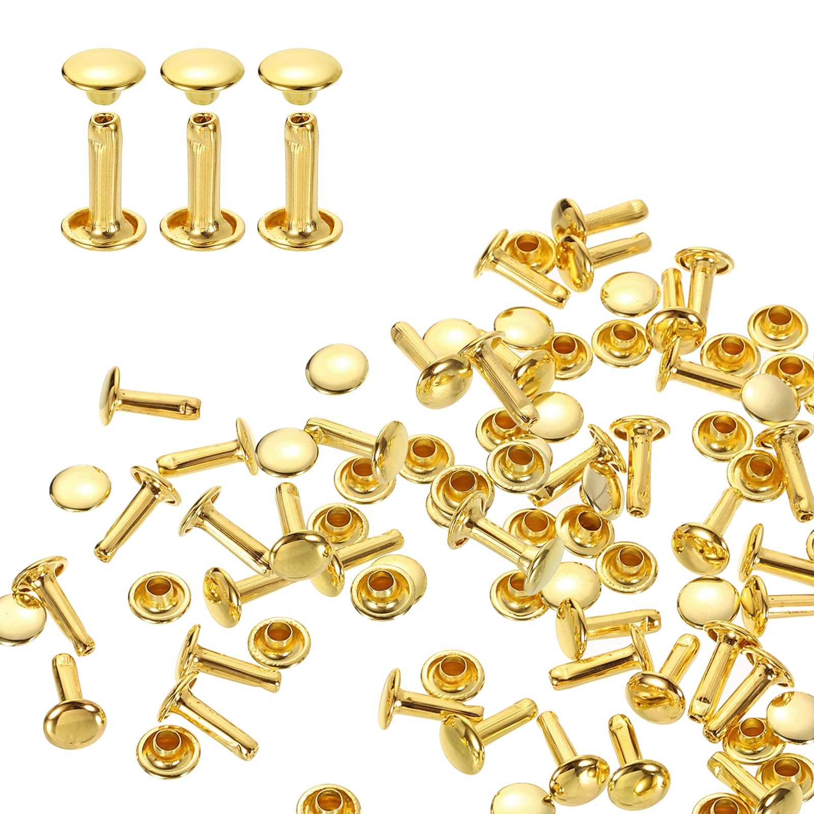 sourcing map 100 Sets Double Cap Rivets 8x12mm Carbon Steel Round Head Snaps Studs Fasteners Tubular Metal Studs for Leather Craft Repairs Decoration, Gold