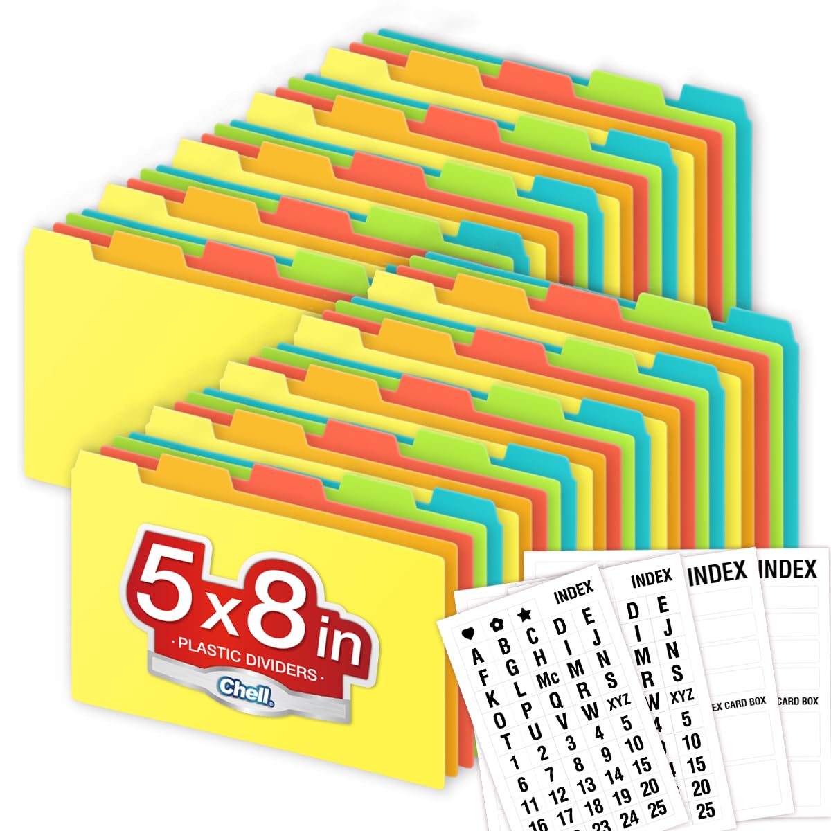 Chell Separadores de tarjetas de índice de plástico de 5 x 8, guías de tarjetas de índice de polietileno pesado A-Z para tarjetas flash y tarjetas de recetas, con calcomanías alfabéticas/en blanco,