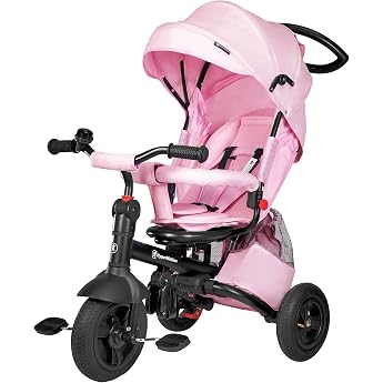 hypermotion tobi velar children's tricycle with push bar - rotating comfort seat belts foldable pumped wheels parent handle raincoat - 9 months to 5 years pink