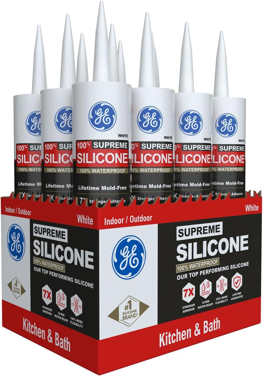 GE Supreme Silicone Caulk for Kitchen & Bathroom, White, 10 fl oz Cartridge, 12 Pack - 100% Waterproof Silicone Sealant, 7X Stronger Adhesion, Shrink & Crack Proof