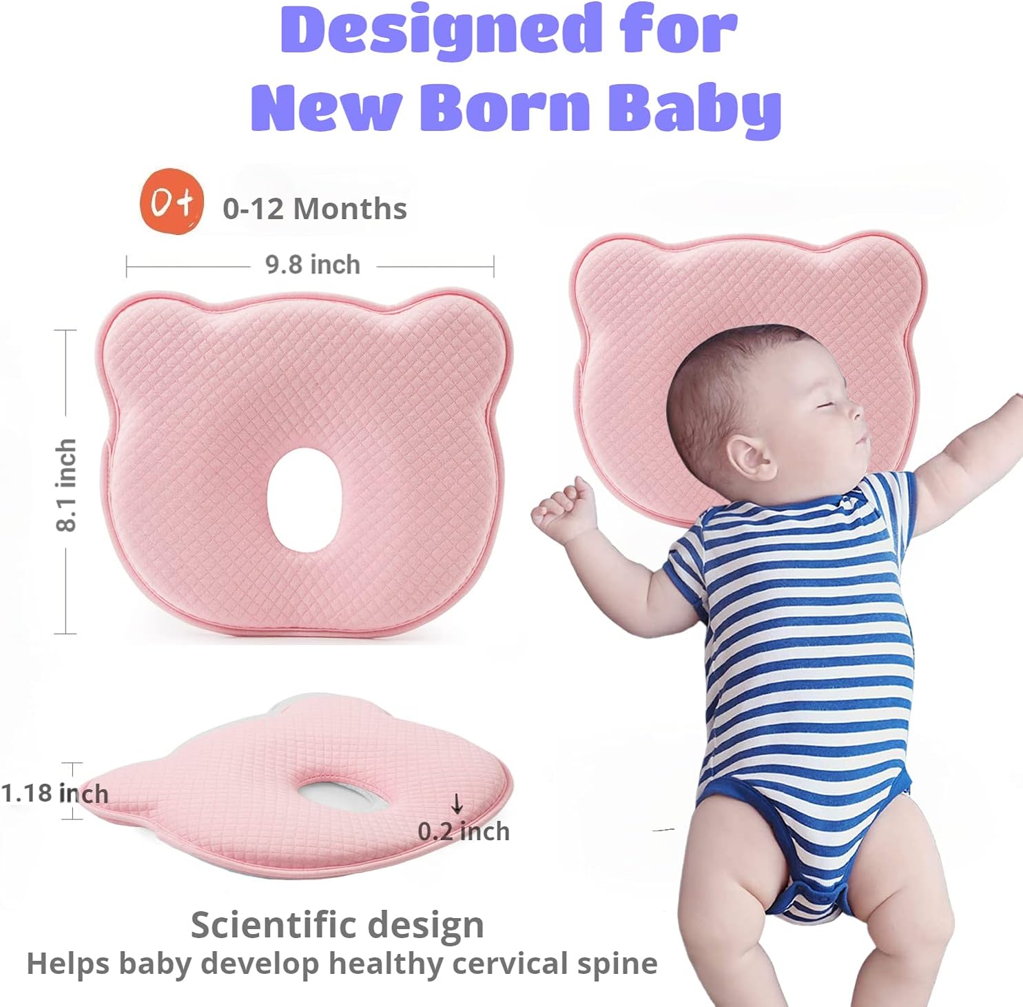 LittleFox Baby Pillow for Newborn Infant, Baby Head Shaping Pillow (with Pillow Cover), Prevent Flat Head with Memory Foam, Head and Neck Support Newborn 3D Pillow for 0-12 Months Infant (Pink) : Baby