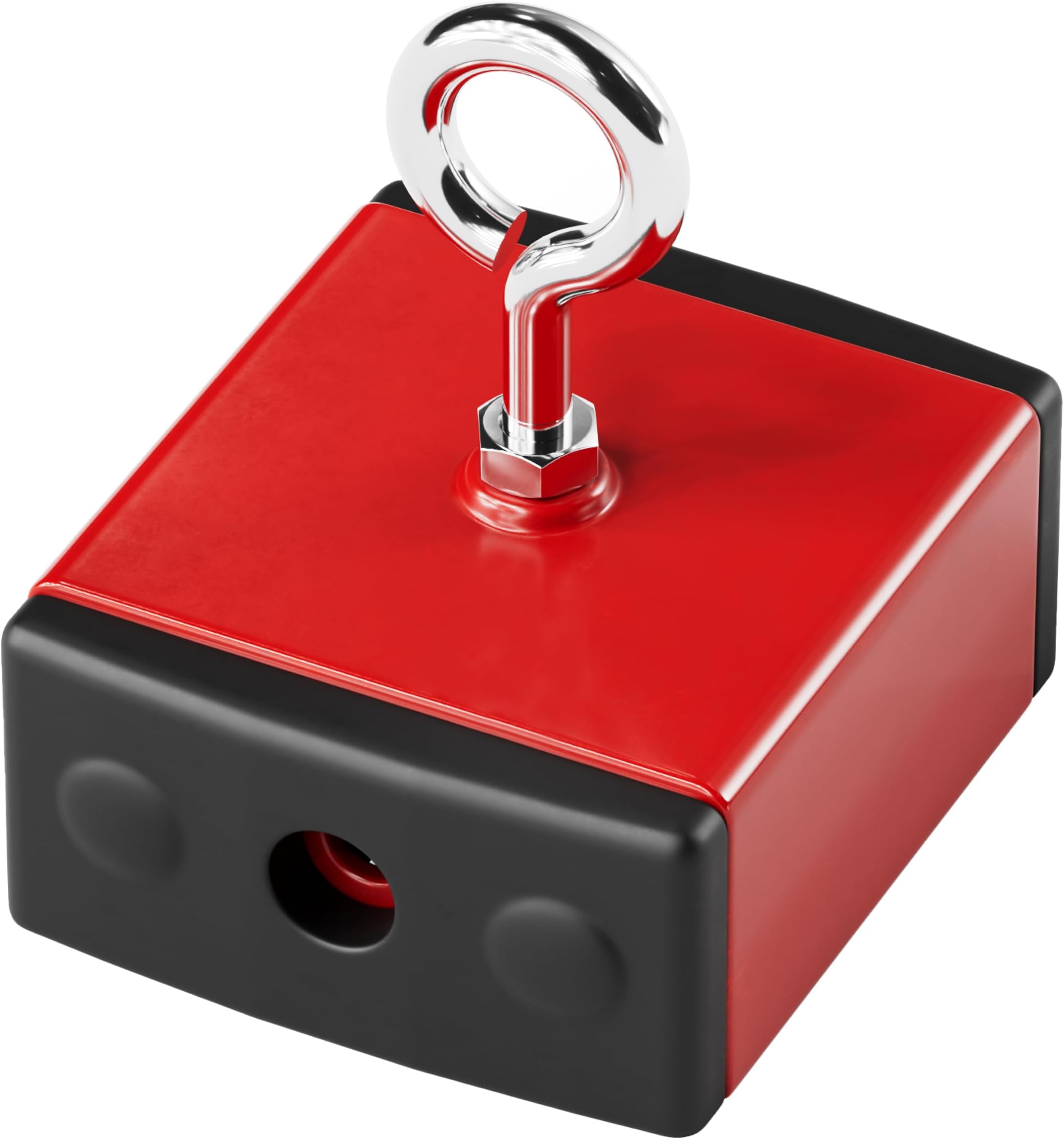 Master Magnetics 07504 Retrieving and Holding Magnet, Durable Plastic, 40 lb, 2.375" Length, 2.375" Width, 0.75" Height with Eyebolt, Nuts and Magnetic Shields, Red/Black