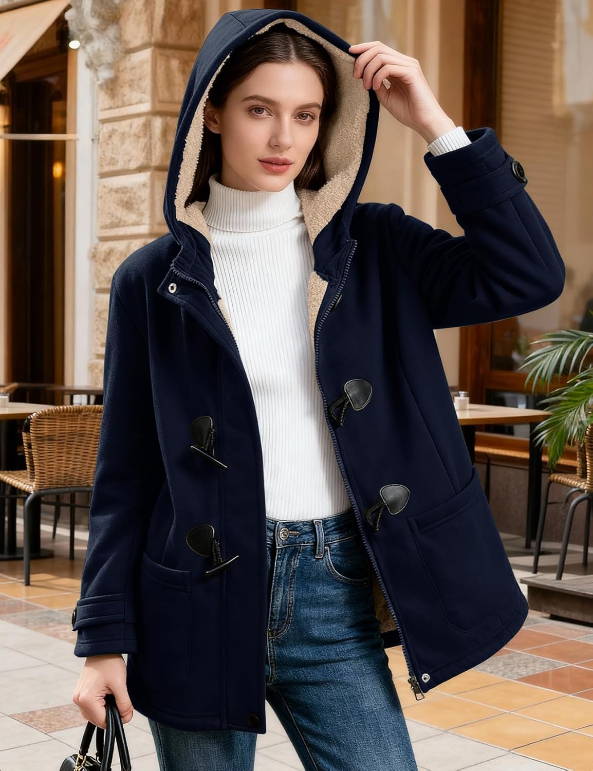 Flygo Sherpa Lined Winter Jackets for Women Fleece Hoodie Jacket Warm Fall Winter Toggle Duffle Coats - Image 5