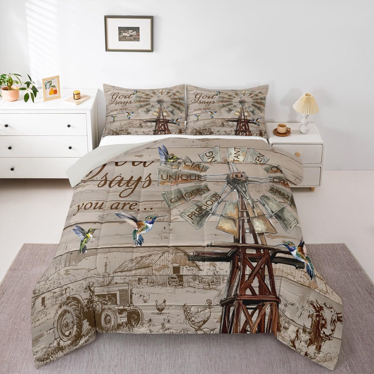 Rustic Windmill Farmhouse Comforter Set King Size, Hummingbird Farm Cow Bedding Set Rooster Cabin Country Lodge Quilt Windmill Decor Vintage Barn Door Wooden Plank Down Comforter With 2 Pillow Cases
