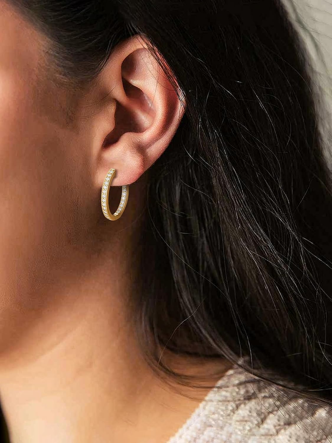 Moissanite Hoop Earrings for Women, 3.5ct/0.76ct D Color VVS1 Yellow Gold Plated Earrings, 925 Sterling Silver Inside Out Round Loops/Six Stone 20mm Hoops, Birthday Christmas Valentines Jewelry