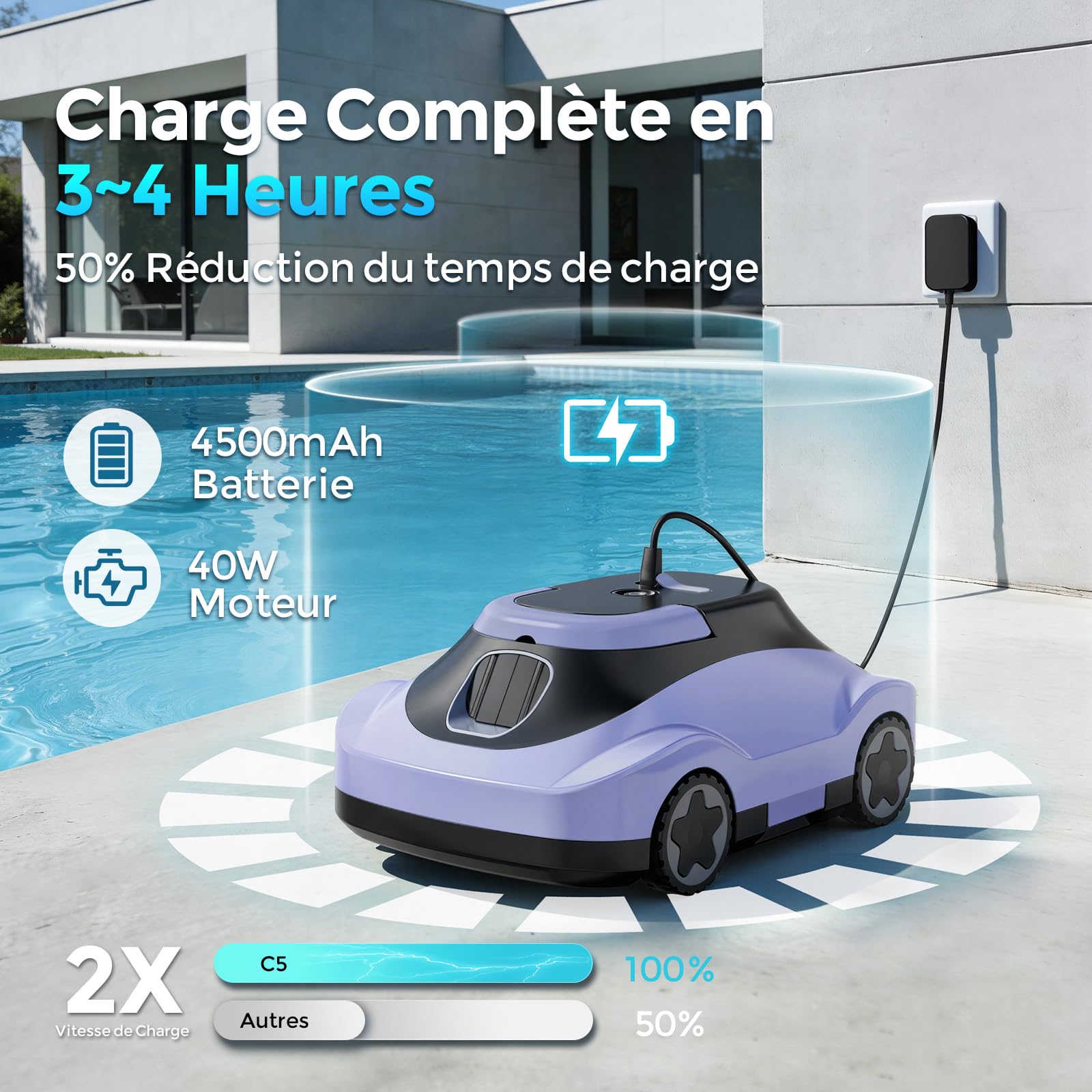 Robot Piscine, Aspirateur Piscine sans Fil, 180 Min d'Autonomie, Aspiration Puissante, Navigation Intelligente, Filtration Ultra-Fine, Auto-Parking, Robot Piscine sans Fil pour Piscines Hors Sol 200m²