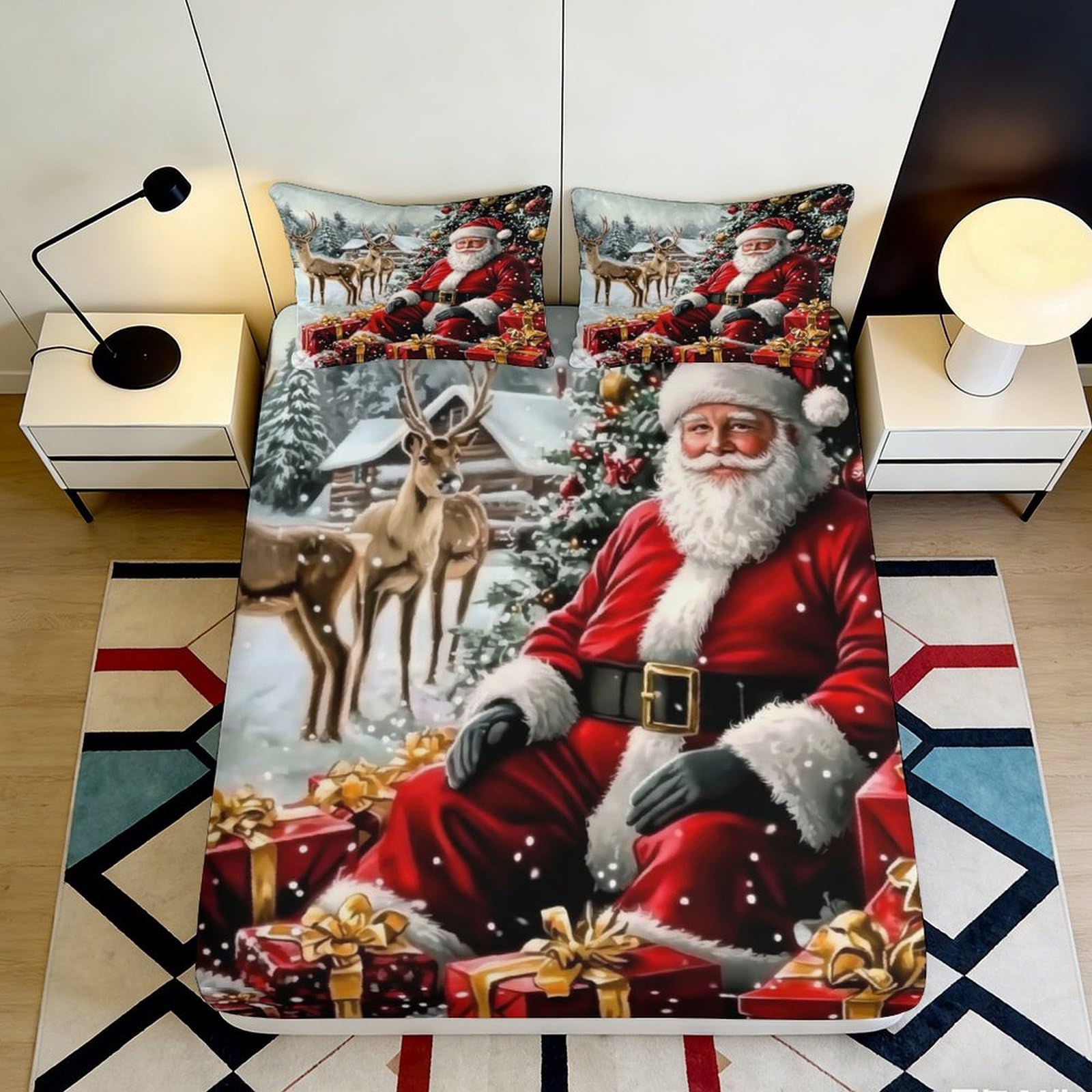 3D Printed Santa Claus Christmas Fitted Sheet Microfiber Soft Breathable Reindeer Bed Cover for Bedroom Dormitory Guest Room Mattress Protection 140x200x25cm