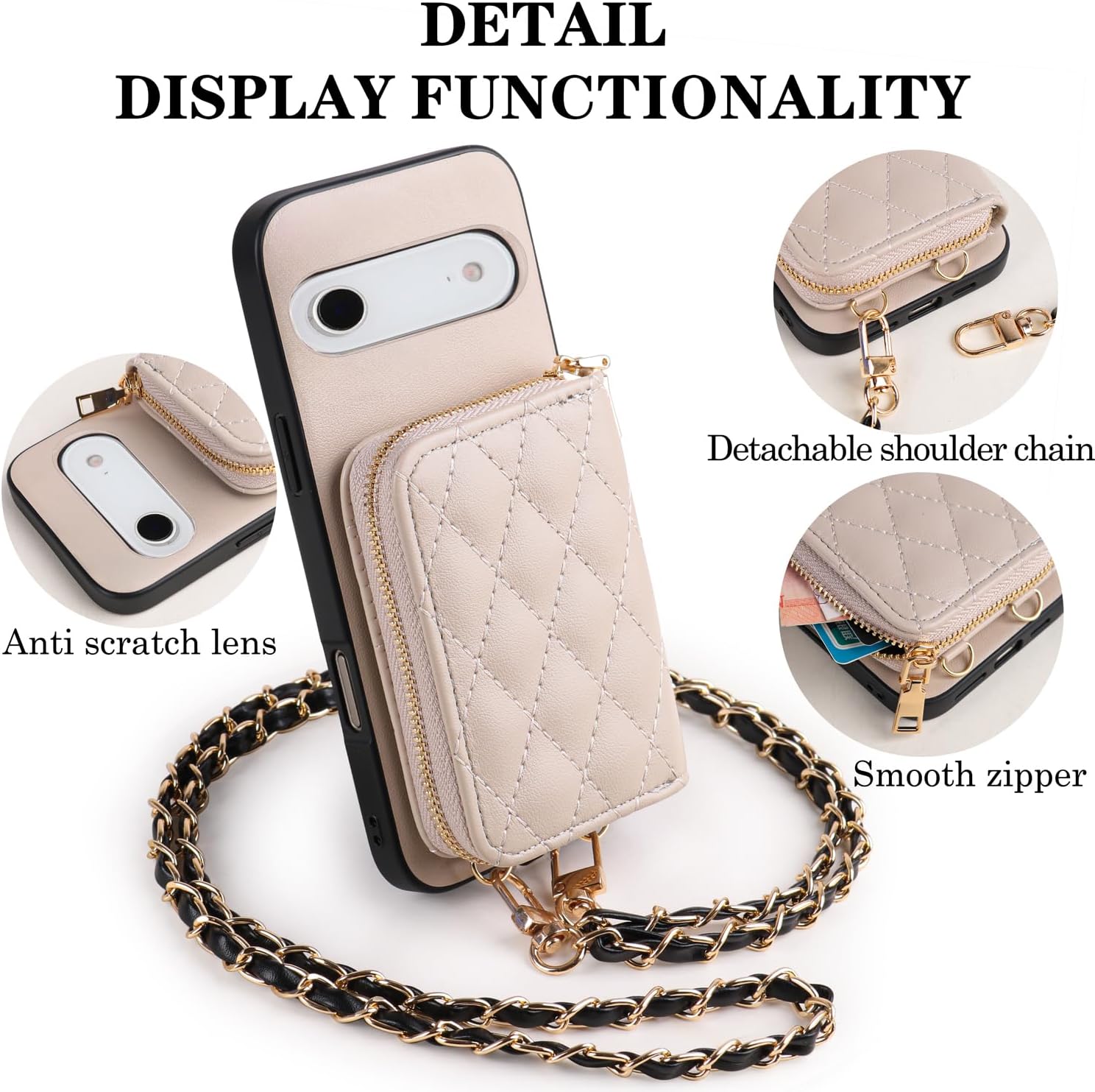 Argyle Wallet Cover for iPhone 17 Air 6.5 inch with Tempered Glass Screen Protector Shoulder Strap, Luxury PU Leather Zipper Organ Card Holder Stand Phone Case for i Phone17 i17 17Air Khaki