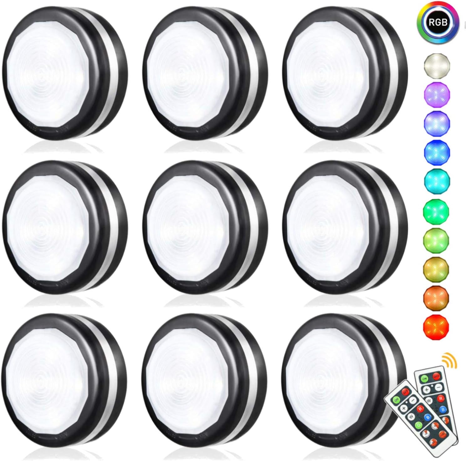 Bjour LED Puck Lights Wireless Counter Light Battery Powered Stick On Lights Kitchen Cabinet Lights with Remote Control Black Under Cabinet Light RGB Closets Lights, 9 Pack