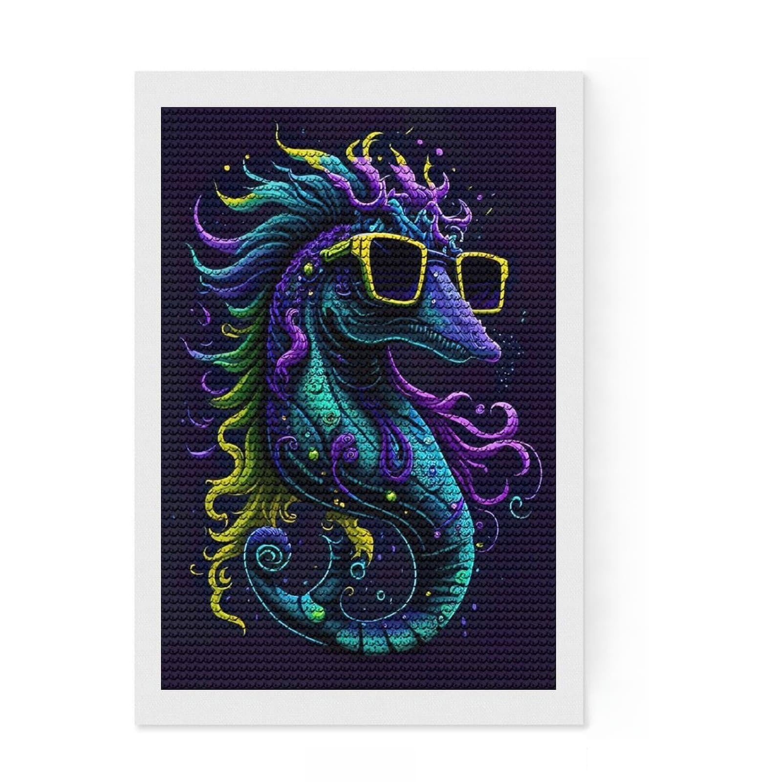 Junmoney Cute Whimsical Seahorse Diamond Art Canvas 8"x12", for Teens, Enjoyable At-Home Hobby, Office Decor, Gift Idea, Pleasing Wall Art Project